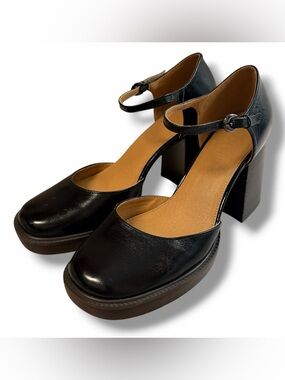 Crown Vintage Mary Jane Heels Black Leather Chunky Block Platform Shoes Women 11